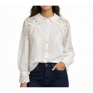 Farm Rio White Palms Linen Top XS Cottage Sheer Lace Embroidered Long Sleeve NEW